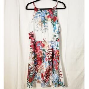 Tacera $45 Large Spaghetti‎ Strap White Pink Green Blue Tropical Floral Sundress